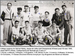 COLLEGE MODERNE LECLERC SIDI BEL ABBES SPORT VOLLEY 1949 CHAMPION UNIVERSITAIRE
